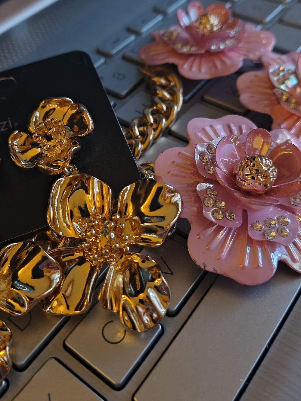 Pink Floral Statement Necklace and Gold Flower Earrings - Girl Boss Look